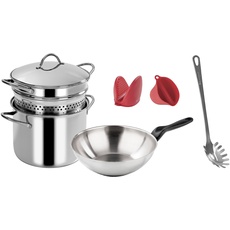 Set 7 pieces Pasta Mania, made by: Pasta pot, Skimmer and Stainless steel Lid, Wok in Stainless Steel ⌀28cm, Servi spaghetti and 2 kitchen Potholders