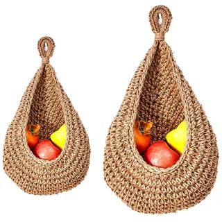 ZSYSD 2 Stück Hängende Wandkörbe Handgefertigter Hängekorb Obstkorb Hängend Aufbewahrungskorb Geflochten Braun Wandkorb Obst Aufbewahrung Hängekörbe für Küche, Wohnzimmer und Schlafzimmer 2 Größen