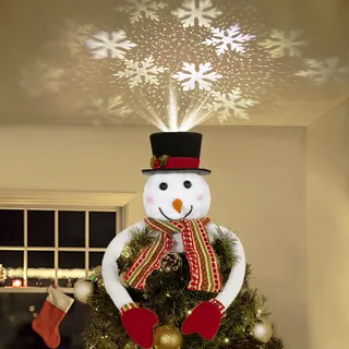 Lewondr Weihnachtsbaumspitze Hut Projektor, Schneemann Hut Baumspitze mit Schneeflocke Projektor Licht, dekorative Elf Hut Baumspitze für Weihnachtsbaum Neujahr Urlaub Winter Home Dekoration, Weiß
