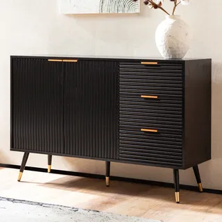 FineBuy Sideboard 120x80x40 cm Anrichte Schwarz mit Eiche-Nachbildung Kommode mit Türen und Schubladen Kommodenschrank Flurschrank Modern Standschrank - Schwarz