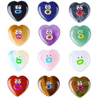 XIANNVXI Herz Steine Emoji Heilsteine Glückssteine Herz Deko Steine Kristall Emoji Lustige 12 Stück Bunte Stein Herzen Glücksbringer Schulanfang Antistress Einschulung Geschenk Füllung Smiley Geduld