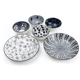 Lachineuse – Japanisches Menüset – 2 tiefe Teller ⌀ 21 cm & 4 Reisschüsseln ⌀ 11,5 cm – Blumen im asiatischen Stil – Blau & Weiß – Traditionelles japanisches Zen-Geschirr – Japanische Geschenkidee