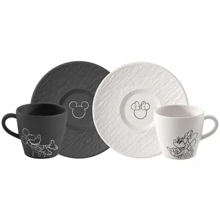 Villeroy & Boch Manufacture Rock – Mickey Mouse – Kaffeetasse mit Untertasse, 4-teilig, schwarz/weiß, spülmaschinenfest & mikrowellensicher, Schieferoptik mit Disney Mickey Mouse Dekor