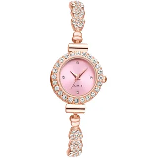 JewelryWe Uhren Damen Glitzer Strass: Analog Quarz Armbanduhr Frauen Bling Ultradünne Kleine Lässige Uhr Damenuhr mit Rosegold Schmal Metall-Armband und Rosa Rundem Zifferblatt