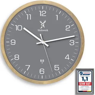 Holzwerk HARBURG Funk Natur Holz Funkwanduhr Wanduhr Holz-Uhr Vintage Funkuhr lautloses Uhrwerk ohne Tickgeräusche Buche Braun Grau Weiß lautlos aus handgefertigtem Massivholz 30 cm