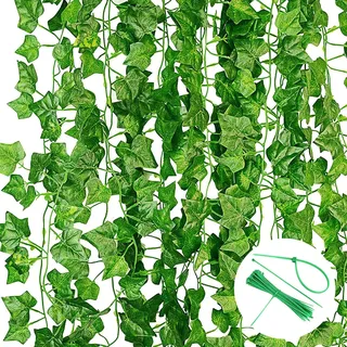 Kiperline 12 Stück Künstlicher Efeu Grün mit Nylon Kabelbinder Pflanzen Efeu Künstlich Girlande für Garten Hochzeit Party Wanddekoration - 2.2m