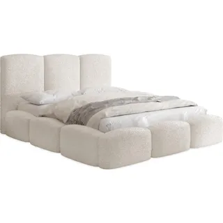 WFL GROUP Polsterbett 120x200 mit Bettkasten und Lattenrost – Beige Bett mit hohem Kopfteil, Boucle oder Samt Stoff - Modernes Doppelbett mit Stauraum – Bettgestell, ohne Matratze – Harmony - Creme - Creme
