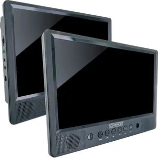 SCHWAIGER 716474 Tragbarer DVD Player 2 Bildschirme Portabler Videospieler Akku Fernbedienung SD-Slot USB-Anschluss Standfuß für KfZ Auto inkl. Befestigunsmaterial - Schwarz