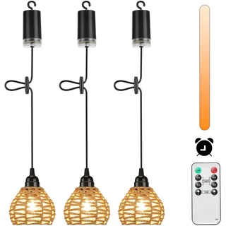 Lightsjoy 3er Boho Hängelampe mit Batterie Outdoor Indoor Pendelleuchte Batteriebetrieben Dimmbar mit Fernbedienung IP65 Wasserdicht Hängeleuchte Ohne Stromanschluss für Innen Außen Garten Balkon