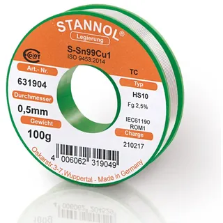 Stannol 631904 Lötdraht Typ HS10 Legierung TC Sn99Cu1, 0,5 mm, 100 g Spule