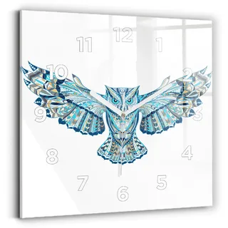 Wallfluent Wanduhr – Stilles Quarzuhrwerk - Uhr Dekoration Wohnzimmer Schlafzimmer Küche - Zifferblatt - weiße Zeiger - 30x30 cm - Eule im Flug - Blau