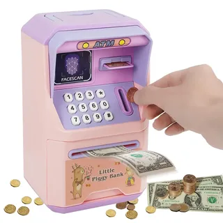 Elektronische Spardose Kinder, Sparschwein Kinder Tresor, ATM Spardose mit Passwort Geldsparbox mit Automatischem Geldscheineinzug für Jungen Mädchen, Rosa