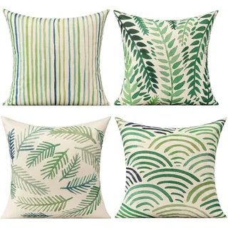 All Smiles Outdoor Green Leaves Plant Throw Pillow Covers Cases Decorative Tropical Rainforest Palm Leaves Cushion Square Cotton Linen 16 x 16 Set of 4 for Sofa Patio Couch