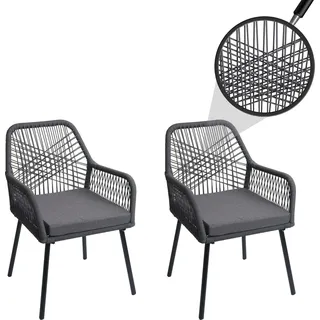 2er-Set Gartenstuhl HWC-O12, Outdoor Sitzpolster Aluminium Seilgeflecht Rope anthrazit, Bezug dunkelgrau - Grau