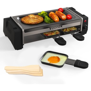 Voohek Raclette 2 Personen Raclette Grill Mini Raclette 3 Pfännchen 3 Raclette Holzspatel Tischgrill Elektrisch Korean BBQ Grill Elektrogrill Antihaftbeschichtete Grillplatte 700 Watt, Schwarz