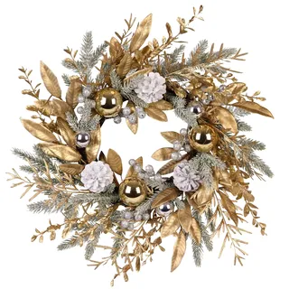 Zavothy Türkranz Weihnachten 50 cm, Weihnachtskranz, Künstlicher Kranz mit Tannenzapfen und Weihnachtskugeln, Adventskranz, Weihnachtsdeko, Haustür Dekoration (Gold)