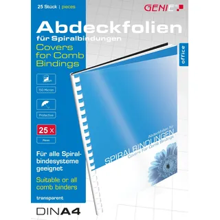 GENIE 12385 Deckblätter (DIN A4; glasklar; 150 Micron; geeignet für alle Bindegeräte) 25 Stück transparent