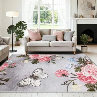 FTCJWL Waschbarer Kurzflor Teppich 180x280cm Orientalischer Teppich mit Schmetterlingsblumen - Weich & rutschfest für Wohnzimmer, Schlafzimmer, Esszimmer in Landhausstil Grau-Dekor