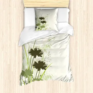 ABAKUHAUS Libelle Bettbezug Set, See-Blumen-Blätter auf abstraktem Hintergrund-Bild-Vogel mögen Wanzen, 135 x 200 cm + 80 x 80 cm, Hellgrün Dunkelgrün