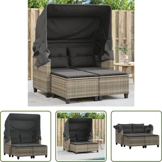 The Living Store Gartensofa 2-Sitzer mit Dach und Hockern Hellgrau Poly Rattan - Grau