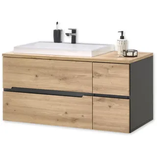 BASIC by Balculina MEMPHIS Badezimmer Waschbeckenunterschrank mit Waschbecken in Artisan Eiche Optik, Grau - Bad Unterschrank schwebend mit viel Stauraum - 110 x 54 x 53 cm (B/H/T)