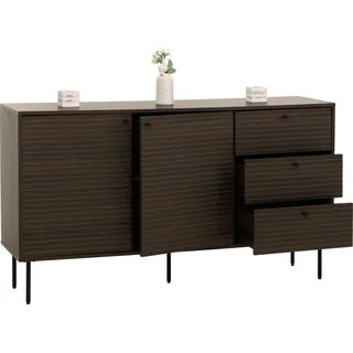 Kommode HWC-N78, Sideboard, 3 Schubladen 2 Türen, skandinavischer Stil Metall Holz Melamin MVG 85x150x40cm  dunkelbraun - Braun