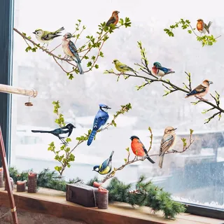 WandSticker4U®- Fensterbilder Frühling selbstklebend VÖGEL auf ÄSTEN (78x50 cm) I Fenstersticker Vogel Ast Wohnzimmer Schlafzimmer Bad Küche I Frühlingsdeko Fenster Deko Aufkleber wiederverwendbar