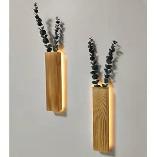 2 Stück Holz Wandvase mit LED Lichtern für Zimmerpflanzen, Künstlicher Eukalyptus Wandpflanzgefäße Fake Vines Wand Pflanzgefäße für Wohnzimmer, Badezimmer, Dekorationen Wanddeko Grünpflanzen