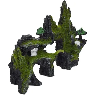 Relaxdays Aquarium Deko Felsen, Natur-Optik, japanische Dekoration, Versteck, Aquarienzubehör 17 x 23,5 cm, schwarz-grün