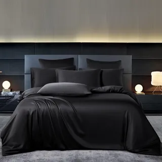 YASMENG Bambus Bettwäsche 155x220 Schwarz Uni Einfarbig 50% Bambus Lyocell Bettwäsche Kühlend Atmungsaktiv Luxus Seidig Seide Bettbezug Set 3 Teilig mit Reißverschluss und 2 Kissenbezüge 80x80 cm