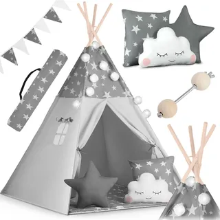 nukido Kinderzelt Tipi Zelt Baumwolle Holzrahmen Bezauberndes Design Entwicklungsförderung Leicht zu reinigen 120x120x165cm Girlanden Lichter Grau