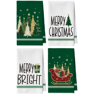Artoid Mode Grün Kiefern Schneeflocken Sterne Weihnachten Küchentücher Geschirrtücher, 42x65 cm Merry Xmas Mikrofaser Saugfähig Küchen Deko 4er Set