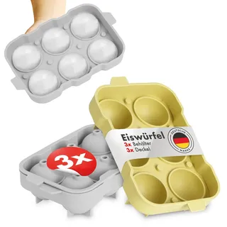 Blumtal Eiswürfelformen Silikon 3er Set - 6er Eiswürfelform mit Deckel - BPA-freie Silikon Eiskugelform -Silikonform Eiswürfel rund - Ice Ball Maker - Grau + Grau + Gelb