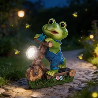 LYPPUL Solar Frosch Statue, Frosch Solar Gartendeko für Draußen, solar Frosch Deko Gartenfigur, Wetterfest und Langlebig, froschstatue auf Einem Roller für Hof Dekoration, Balkon, Gartengeschenke