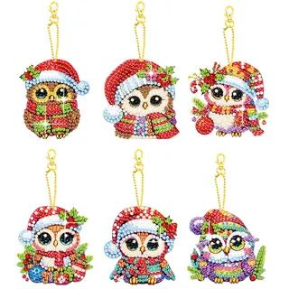 LFSX0828 6 Pcs DIY Diamond Art Keyrings, Double Sided Diamond Painting Keychains Kits for Adults, 5D Full Drill Gem Art Pendant, Backpack Handbag Ornaments Decoration (Christmas Owl)