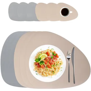 Relaxdays Platzdeckchen mit Untersetzern, 6er Set, Kunstleder, 30 x 40,5 cm, abwischbar, ovales Tischset, grau/beige