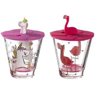 Kinderbecher LEONARDO "Kinderbecher mit Deckel Bambini 215 ml 2er Set", bunt (einhorn, flamingo), Trinkgefäße, Kinderbecher