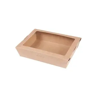 Greenbox Schachteln mit PLA Fenster, braun, 1100 ml, Nachhaltige Kartonschachteln mit Innenbeschichtung aus Biowachs, 1 Karton = 300 Stück