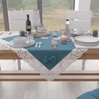 PETTI Artigiani Italiani - Quadratische Mitteldecke, Baumwolle mit Sangallo-Spitze und Schleifen, 95 x 95 cm, Taubenblau