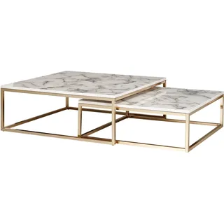 FineBuy Design Couchtisch 2er Set Marmor Optik Weiß Eckig Couchtische 2-teilig Tischgestell Metall Edle Wohnzimmertische Moderne Satztische - Weiß
