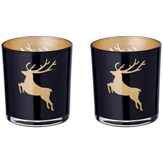 Edzard 2er Set Teelichtglas ELSA (Höhe 8 cm), Hirsch-Motiv, außen schwarz/innen Gold