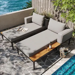 Gartenliege, Multifunktionales Outdoor-Liegebett, Doppel-Lounge-Bett mit Regalen, wasserdichtes Garten-Sofabett für Terrasse, Garten & Balkon - Grau