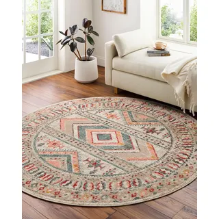 Livabliss Dublin Vintage groß - Wohnzimmer 160x160 cm, Esszimmer, Schlafzimmer, Orientalischer e Boho Style - Carpet Living Room, Bunter Muster, Elfenbein, Rosa und Grau