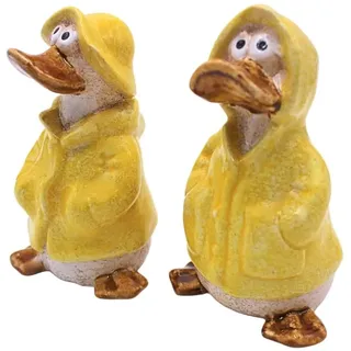 2er Set Dekofiguren , Gartendeko Regenenten, Deko-Enten, Entenfiguren, Gartenfigur Ente, Teichfigur Ente in gelb mit Regenmantel und Mütze als 2er Set, Größe einer Gartenfigur, L/B/H 6 x 6 x 11 cm.