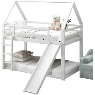 Etagenbett mit 2 Schlafgelegenheiten, Lattenrost, Leiter und Rutsche, 90x200 cm, Kinderbett mit Rausfallschutz, Hausbett, Kiefer - Weiß