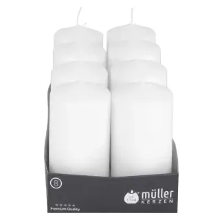 Müller Kerzen Stumpenkerze, weiß, Hochwertige Stumpenkerze mit gleichmäßigem Abbrand, 1 Packung = 8 Stück, (Ø x H): 57 x 120 mm