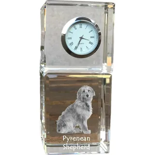 Pyrenaen-Hutehund, Pyrenäenschäferhund - Kristalluhr mit Foto, Hundebild im Kristall, personalisierte Schreibtischuhr von Art-Dog. - Transparent