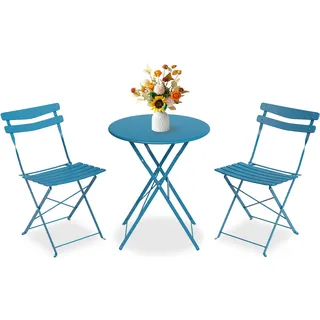 Bistroset 3-Teilig Mit Bistrotisch&2 Klappbaren Stühlen, Gartenmöbel Set Outdoor Bistro Set, Gartentisch/Balkonset Aus Klapptisch&2x Klappstühlen, Gartenset/Sitzgruppe Metall Für Balkon, Garten-Blau2