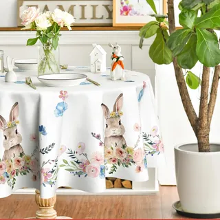 Artoid Mode Hase Blumen Blätter Ostern Tischdecke Rund 140 cm, Saisonnal Frühling Fleckschutz Tischwäsche Küche Dekoration Party Dekor