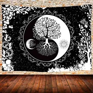 uhometap Wandteppich mit Sonne und Mond, Mandala, schwarz-weiß, Wandbehang, Yin-Yang, Baum des Lebens, 203 x 152 cm, Schlafzimmer, Wohnheim, Heimdekoration GTQQUH666